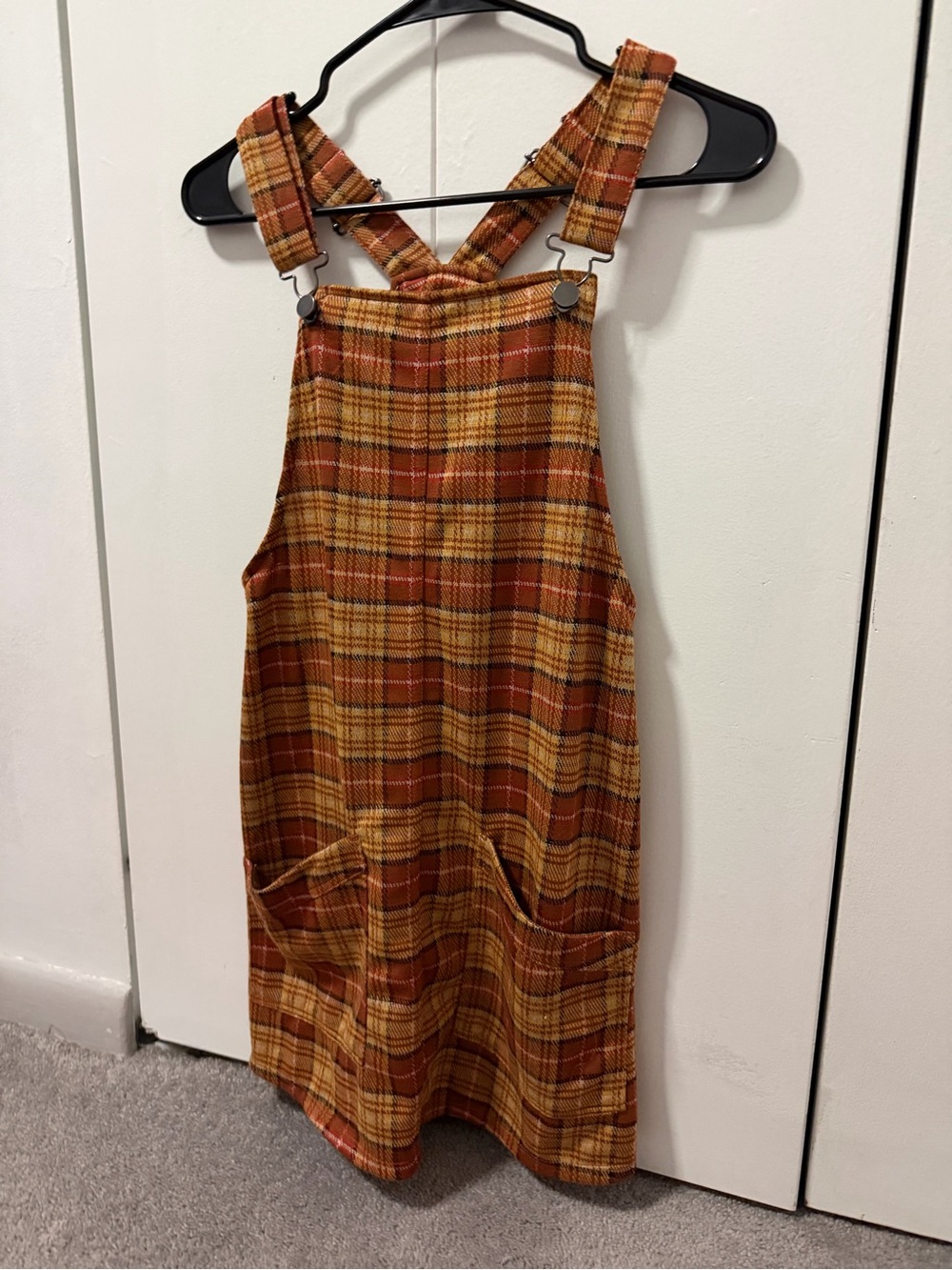No Boundaries Plaid Pinafore Dress in Rust and Mustard